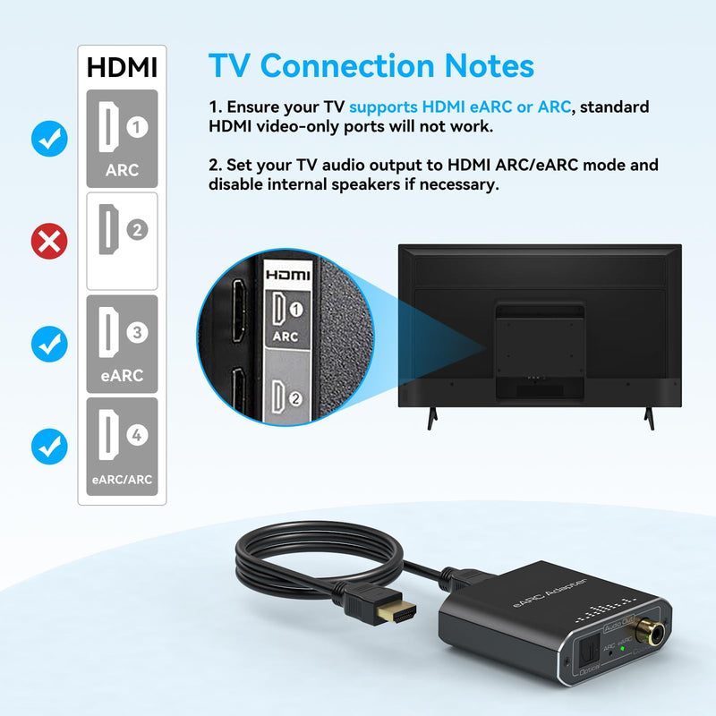 VPFET HDMI eARC Audio Extractor Only Work for HDTV ARC/eARC Audio Adapter Converter HDTV Audio Transmitted via Toslink+Coaxial ports Support 192KHZ for Soundbars Home Theaters and Audio Systems No CEC