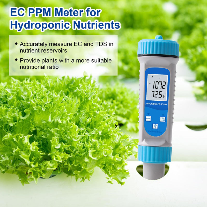 [Australia - AusPower] - pH Meter and EC Tester, Bluetooth Hydroponics EC PPM Meter, 6-in-1 DWC pH EC TDS Meter Digital Water Tester with ATC for Hydroponics Growing System, Agricultural Irrigation, Ponds, Aquarium 