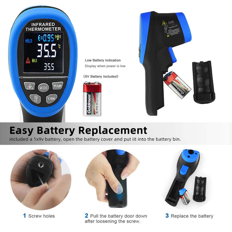 [Australia - AusPower] - AIOMEST 50: 1 Infrared Thermometer -58°F ~3272°F (-50~1800℃) Digital High Temperature Pyrometer with Adjustable Emissivity, Digital Laser IR Temp Gun for Cooking Kiln HVAC (NOT for Human Temp) AN-1800C (Color Screen) 