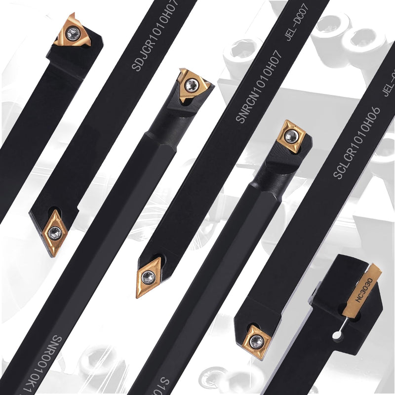 Indexable Lathe Turning Tool 3/8" 10mm Shank 21PCS Kit-7PCS Metal Lathe Tools Holder 14PCS Carbide Insert for Turning Boring Grooving Cutting Threading 7pcs 3/8" Shank +14pcs Inserts