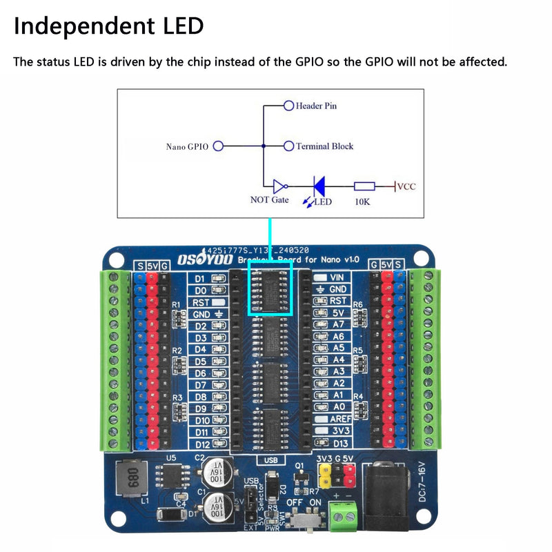 [Australia - AusPower] - OSOYOO Nano IO Shield Breakout Board with GPIO Status LED Terminal Extension Holder for Arduino Nano 