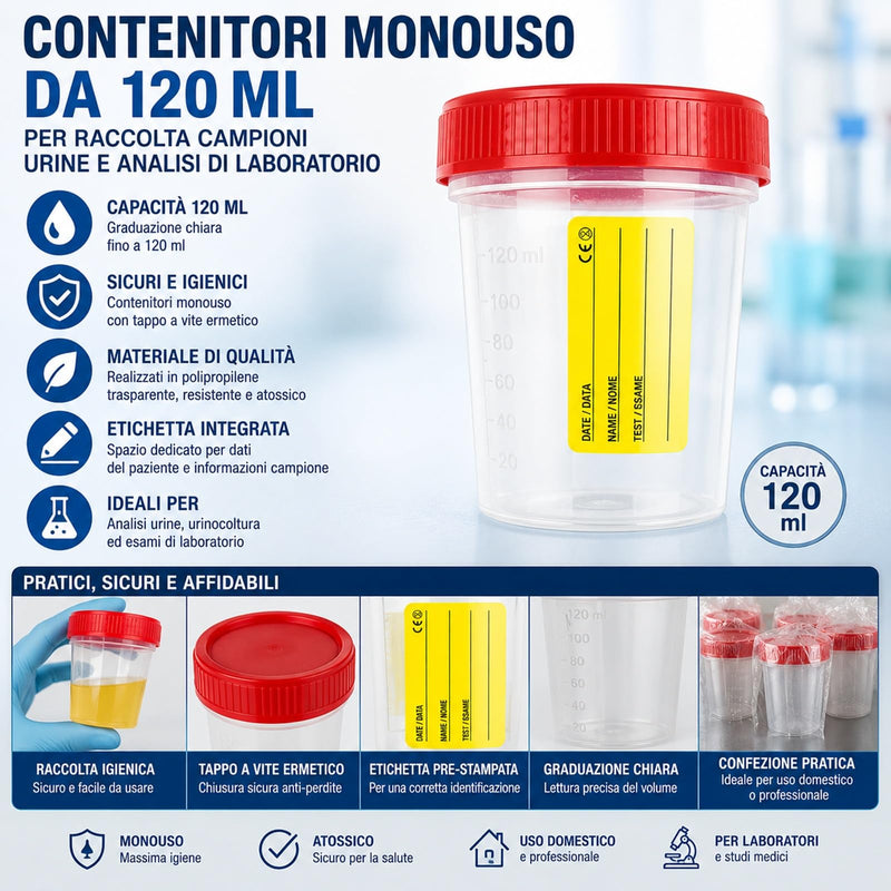 4 Sterile Urine Containers 120 ml with Screw Cap and Label - Urine Cups for Urine Culture Analysis, Hygienic Disposable | 100% Made in Italy