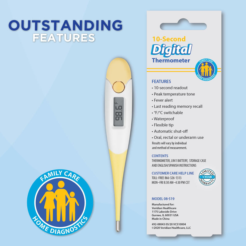 [Australia - AusPower] - Veridian Digital Thermometer | 10-Second Readout | F C Temperature Modes| Flexible Tip | Hygienic Water-Resistant Easy Cleaning | Storage Case + Instructions Included 