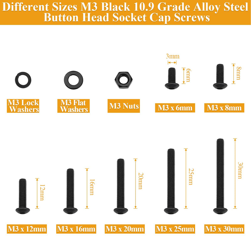 [Australia - AusPower] - 546 Pieces M3 Screws Nuts Washers Set Black, Sutemribor M3 x 6/8/12/16/20/25/30mm Button Head Socket Cap Screws Nuts Washers Assortment Kit, 10.9 Grade Alloy Steel, Fully Threaded 