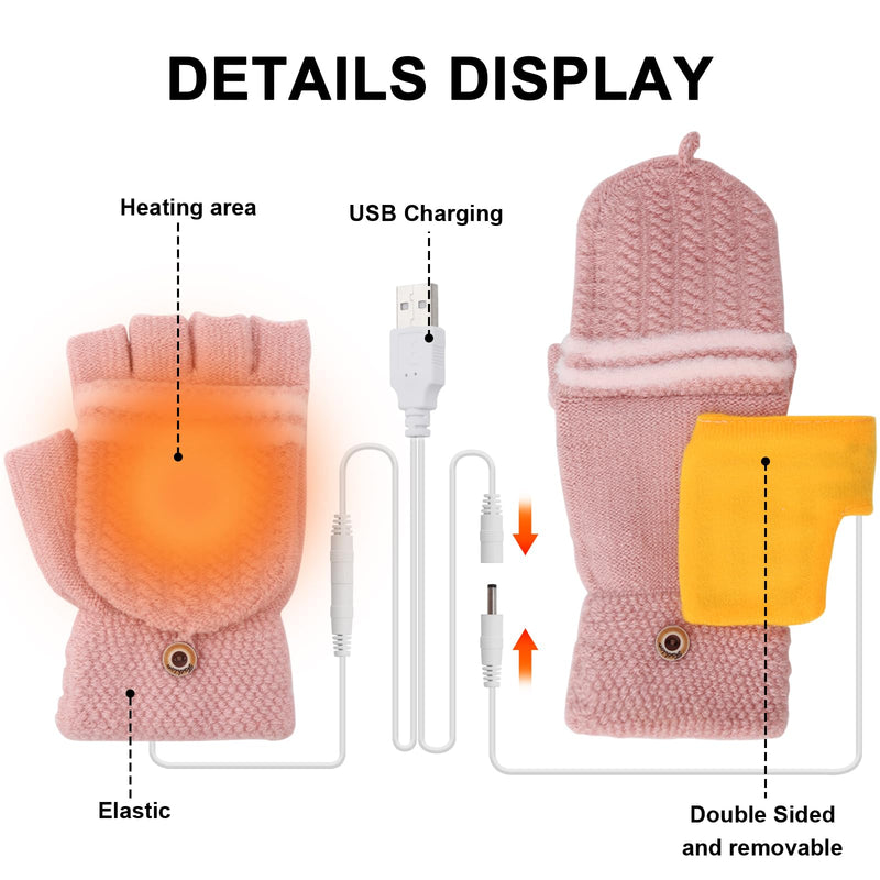 [Australia - AusPower] - Mens Womens USB Heated Gloves Mitten USB Hands Warmer Laptop Gloves Full& Half Fingerless Winter Warm Heating Gloves Women Pink - 3 