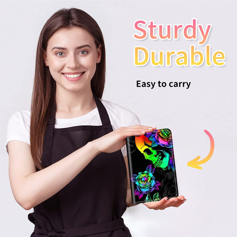 [Australia - AusPower] - Server Book for Waitress, Leather Waiter Book Server Wallet with Hidden Zipper Pocket Pen Holder Cute Waitress Book&Waitstaff Organizer with Money Pocket Fit Server Apron,Colorful Skull Rose Flower AUOX2-CDB-01-A214 5" x 8" Server Books 