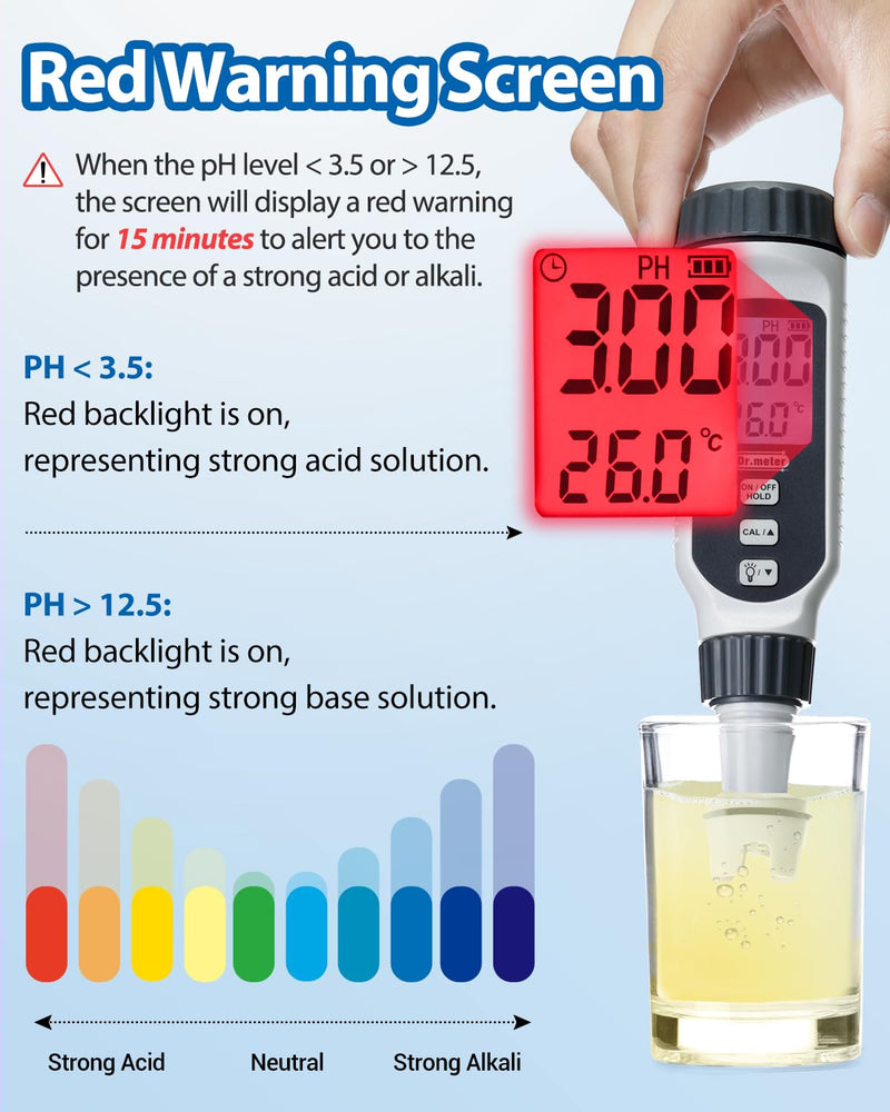 PH Meter, Dr.meter PH Meter Water 0.01 High Precision PH Value Meter with Alarm LCD Display and Automatic Temperature Compensation for Water, Aquarium, Pond, Pool with Calibration Powder 1