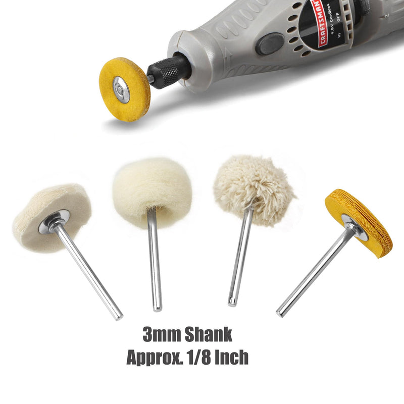 Yakamoz 80Pcs 1 Inch Cashmere Cotton Cloth Polishing Buffing Wheel Kit for Rotary Tools, 3mm 1/8" Shank Small Polishing Wheel Set Mini Buffing Wheels for Metal Jewelry Watch Polishing