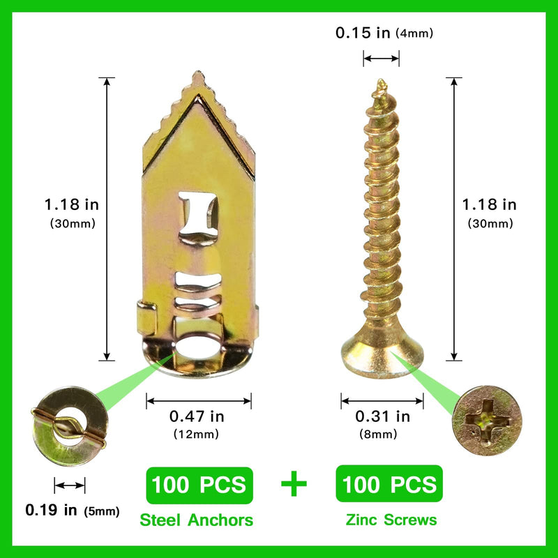 [Australia - AusPower] - 200 PCS Zinc Plated Steel Self-Drilling Anchors?Self Drilling Drywall Anchors Easy Application No Drill or Holes in Wall (100 PCS Steel Anchors 0.47X1.18inch and 100 PCS zinc Screw) 