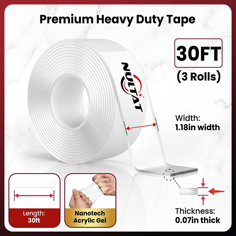NULTAT Double Sided Tape Heavy Duty, 1.18" x 120" Strong Nano Double Stick Tape, Removable, Washable, Reusable Adhesive Tapes for Wall, Clear Multipurpose Two Sided High Temperature Tape(30 Feet) 30 Feet