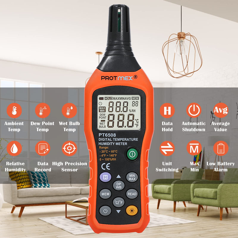 Protmex Digital Temperature Humidity Meter, Thermometer Hygrometer with Ambient Dew Point and Wet Bulb Temperature Indoor and Outdoor, Data Logger with Min/Max Hold, LCD Backlight, PT6508 Black+Orange