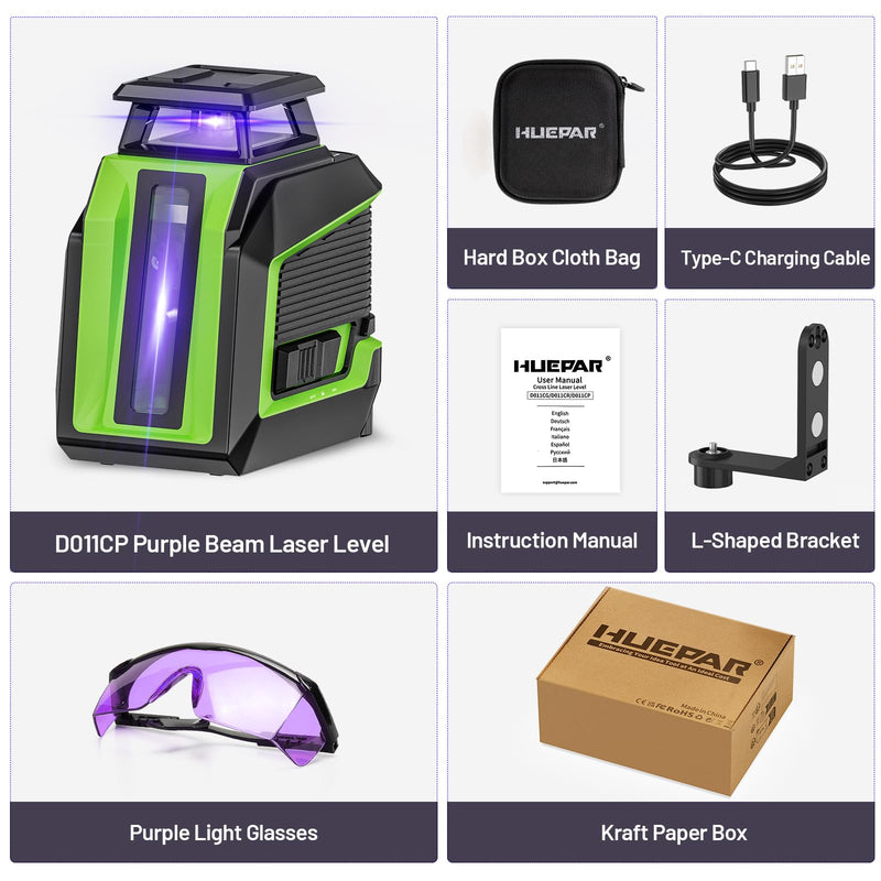 Huepar 360° Laser Level, 82Ft - 165Ft Self Leveling Laser Level with Pulse Mode, 3 Brightness Levels Rechargeable Li-ion Battery Purple Line Laser Leveler Tool for DIY Indoor Project D011c-p
