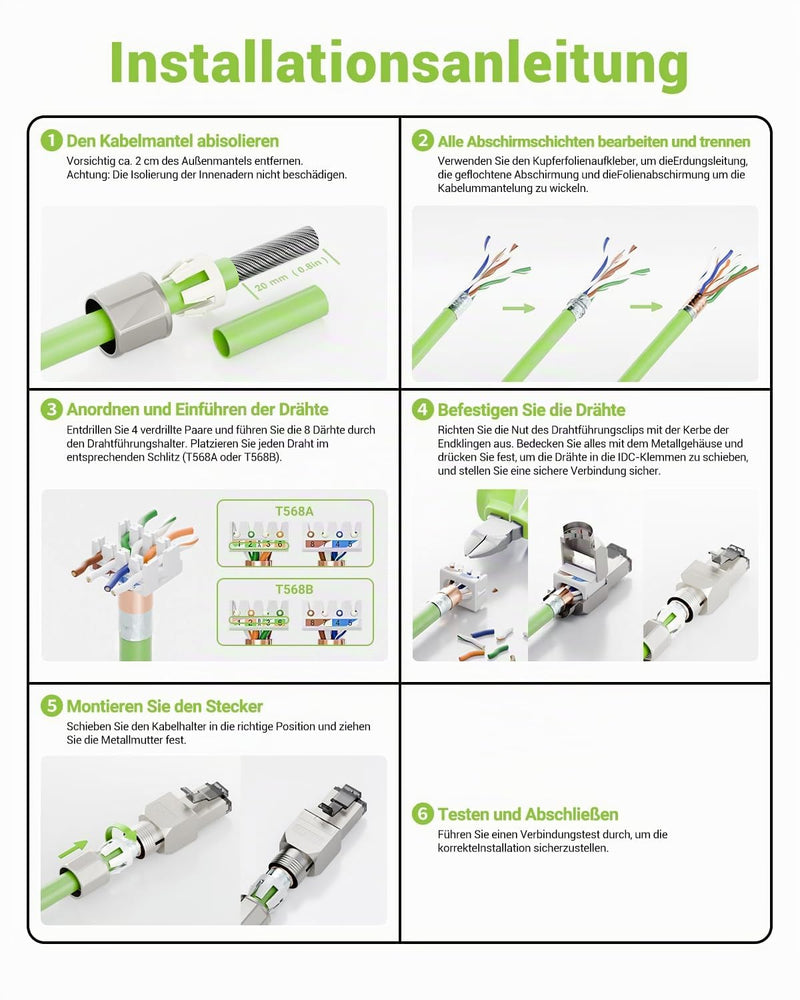 Network Connector Cat7 Tool-Free, 10 Gbit/s 600 MHz, Shielded RJ45 Connector, Tool-free POE for Cat7 Cat6A Installation Cable, Gold-Plated LAN Plug Cat 7 Tool-Free, Reusable, Pack of 8, Grey | Geschirmt RJ45 Stecker Werkzeuglos PoE für Cat7 Cat6A Verle...