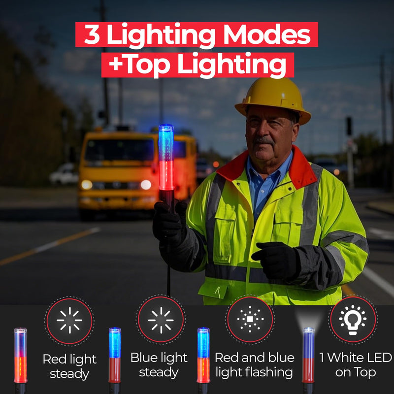[Australia - AusPower] - Traffic Wand Rechargeable, 10 Inch Traffic Control Baton Light with 4 Flashing Modes and 1 White LED on Top, Air Marshaling Signal Wand with Side Clip for Airport, Parking, Car Directing, 1 Pack Red Blue 