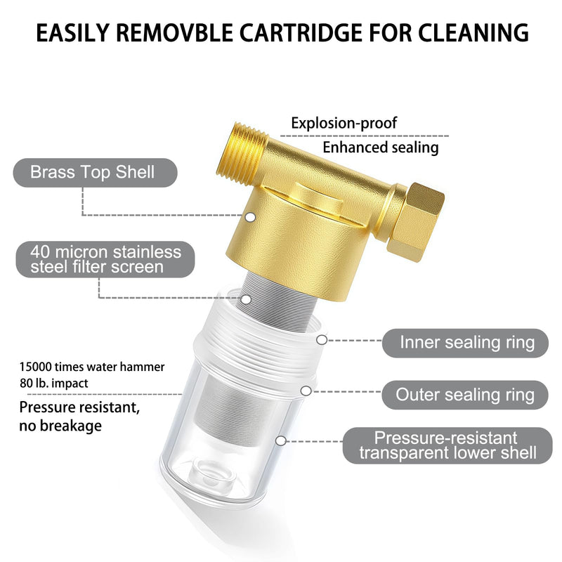 DR02 Reusable Brass Sediment Filter, 40 Micron Washer Water Filter, For Washing Machine, Heater, Faucet, RV, Protecting Appliances, Reduces Clothes Yellowing, Anti Scale Shower Filter