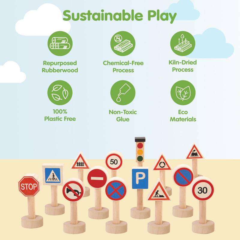 PlanToys® Traffic Signs & Lights Wooden Montessori Imaginative Play Set | Early Language, Social Skills and Real-World Awareness Activity | Eco Friendly Road Sign Learning Set for Meaningful Play