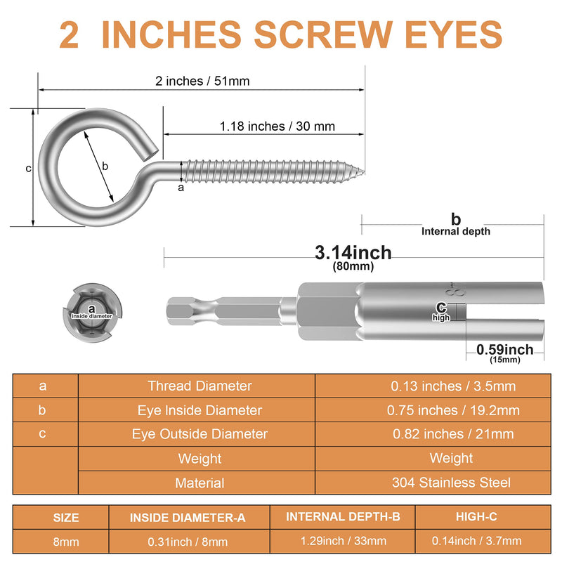 [Australia - AusPower] - 2” 26 Pack 304 Stainless Steel,Screw Eyes Heavy Duty Screw in Eye Hooks Ring, Yoga & Brazilian Hammocks, Indoor & Outdoor, Self Tapping Screws,Eye Bolt (1 pcs 1/4" hex Shank Wing nut Driver) 2” 26 pcs +1 pcs 1/4" hex shank wing nut driver 
