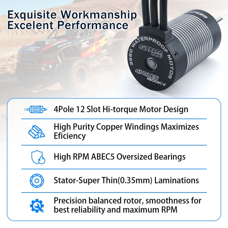 [Australia - AusPower] - SurpassHobby 3665 Brushless Motor 1800KV High Speed Waterproof Motor for Most of 1:10 Scale RC Truck On Road Off Road Car Update Parts 3665 motor 