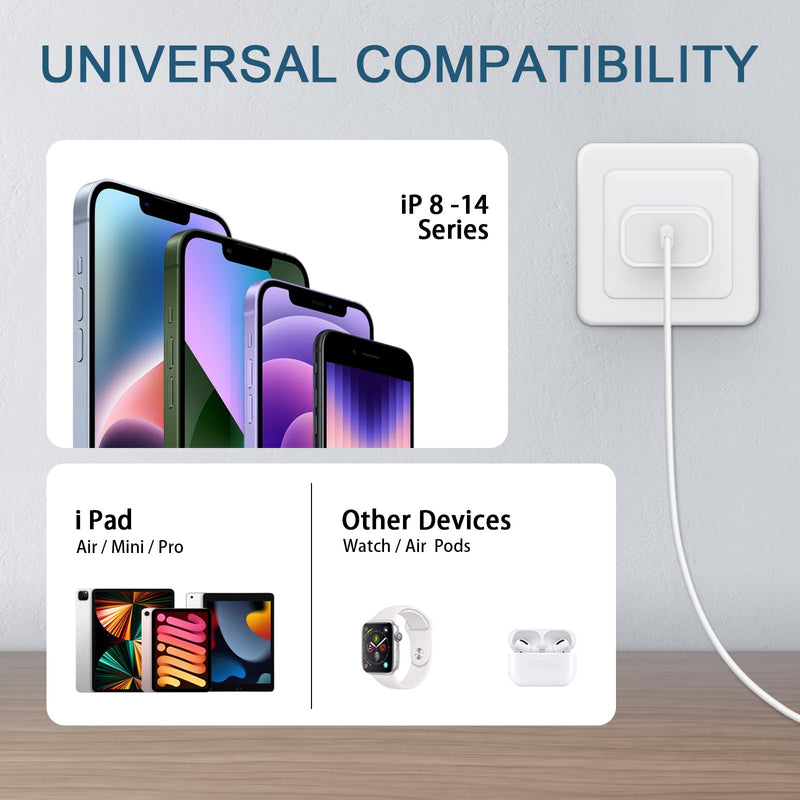 [Australia - AusPower] - Phone Charger Fast Charging, 【MFi Certified】 2-Pack 20W USB-C Fast Charger with 6FT Fast Charging Cable for IP 14/13/12/11/Xs/8, i Pad and More 
