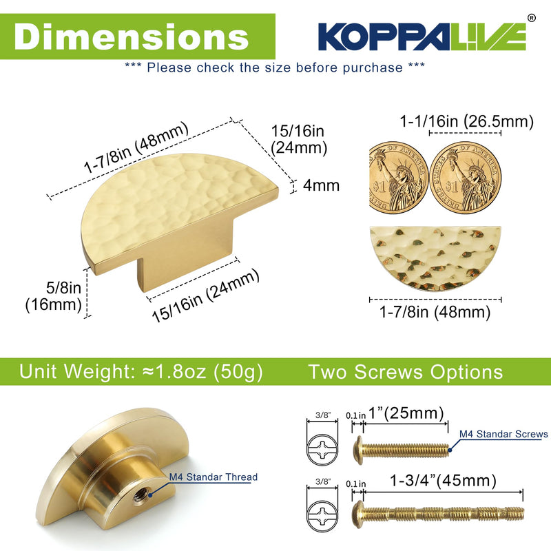 10-Pack Solid Brass Cabinet Knobs, Semicircle Gold Drawer Knobs, Hammered Dresser Drawer Pulls Handles, Modern Furniture Hardware for Kitchen, Length 1-7/8 Inch 10 Halfmoon