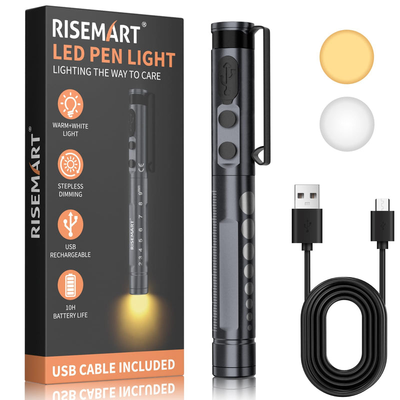 Medical Diagnostic Light, Rechargeable LED Pupil Light with USB Cable, Warm/Cool White & Continuous Dimming, Portable Aluminum Medical Pupil Light with Clip black