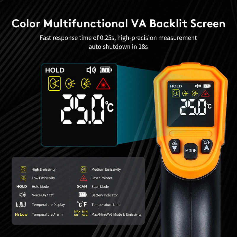 [Australia - AusPower] - Infrared Thermometer Temperature Gun(NOT for Humans),-58°F~1832°F(-50°C~1000°C),High&Low Alarm,Non-Contact,MAX/MIN/DIF/AVG Display Digital Laser Thermometer Gun for Cooking,Industrial 