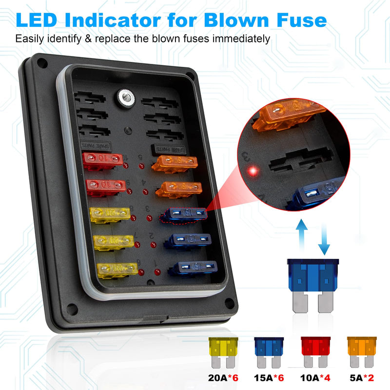 100A 10 Way Fuse Block, 12V Fuse Box Holder 10 Independent Circuits - Access to Groups of High and Low Voltages, 12 Volt Fuse Blade Panel with Led Indicator Waterproof Cover for Car Truck Boat Marine