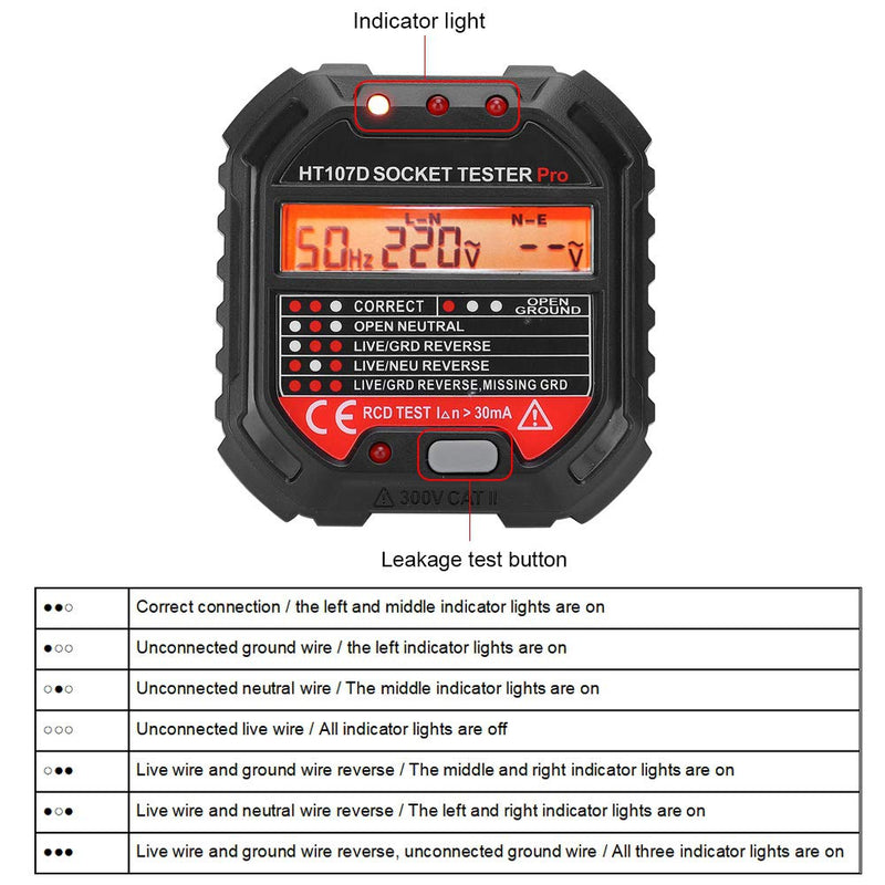 [Australia - AusPower] - HT107D Socket Tester LCD Digital Display 90-250V Automatic Mains Analysis for Household Electrical Installation Workshop Testing 
