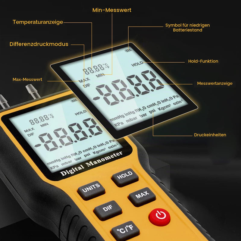 Differential Pressure Gauge Gas Pressure Gauge Dual Port Professional Pressure Gauge Air Pressure Meter 12 Selectable Units Differential Pressure Gauge with Battery & Backlight HVAC Yellow (12 units)