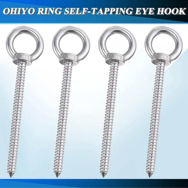 [Australia - AusPower] - OHIYO 6.3 Inch Heavy Duty Eye Hooks M10 Self Tapping Eyelet Screw Load Capacity 1000 LBS Heavy Duty Screw in Eye Hooks for Hammock Stand, Swing Chair, Yoga, Heavy Indoor & Outdoor Uses (4Pack- M10) 