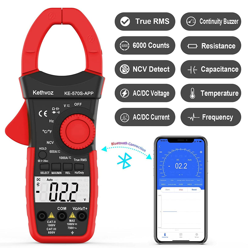 [Australia - AusPower] - Bluetooth Clamp Meter Clamp Meter, Kethvoz Anto Range True-RMS Current Clamp NCV Voltmeter 570S-APP Measure AC/DC Voltage Current, Continuity Resistance Capacity Temperature 1000A Bluetooth Clamp Meter 570SAPP 
