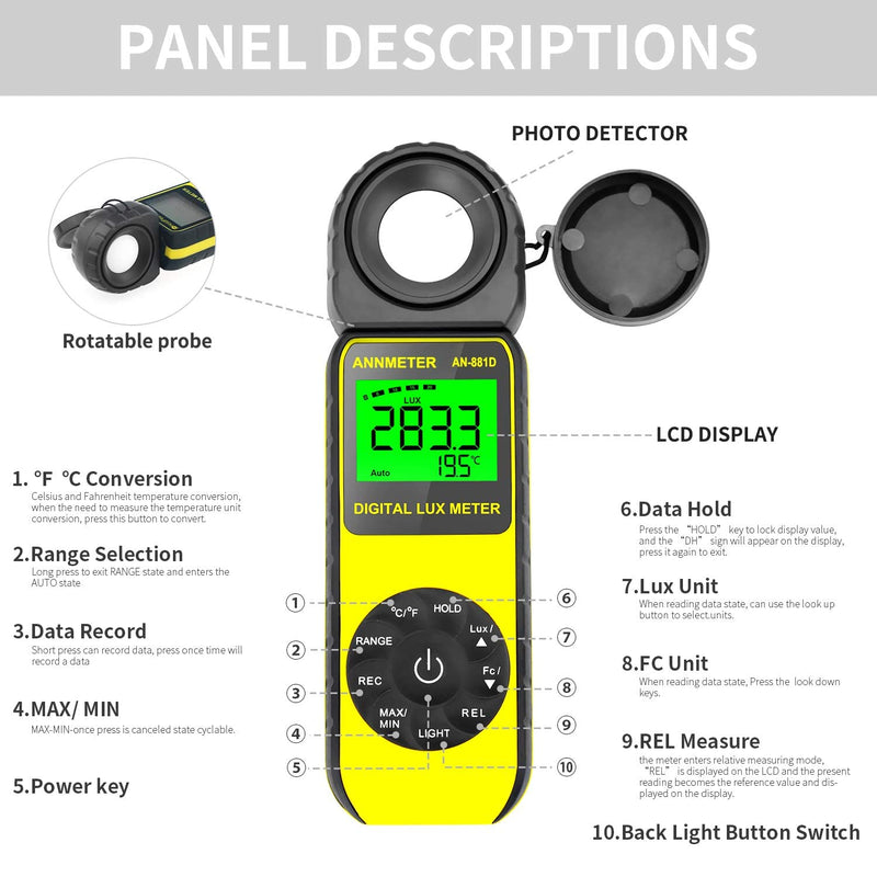 Digital Lux/Foot Candle Light Meter, AIOMEST Illuminance Lumen Tester 0.01~400,000 Lux, Handheld Luxometro AI-881D for LED Plant Grow Lighting, Luxmeter w/Data Logging & Rotatable Detector AI-881D (0.1~400,000Lux)