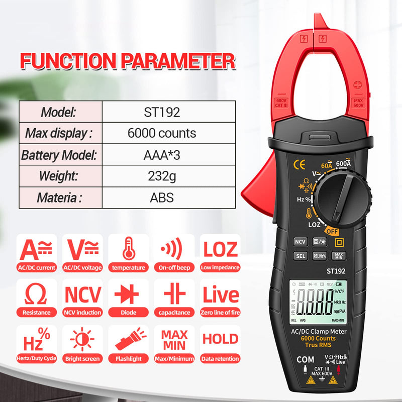 [Australia - AusPower] - Jadeshay ST192 Clamp Multimeter, 6000 Counts True RMS AC/DC Voltage & Current Tester with Backlit LCD, No Battery Included 