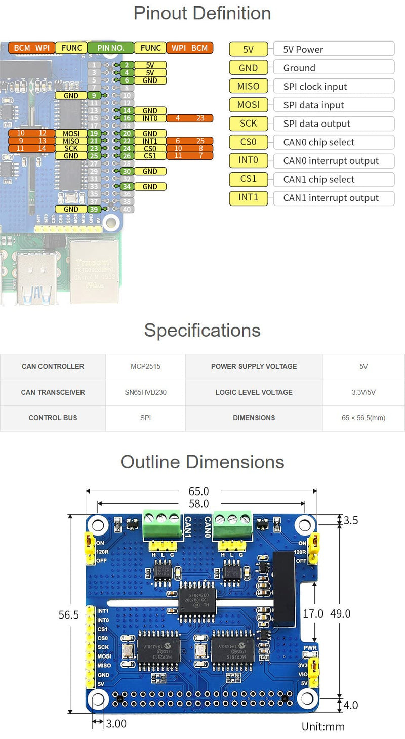 [Australia - AusPower] - Waveshare 2-Channel Isolated CAN Expansion Hat for Raspberry Pi with MCP2515 + SN65HVD230 Dual Chips Solution and Multi Onboard Protection Circuits 