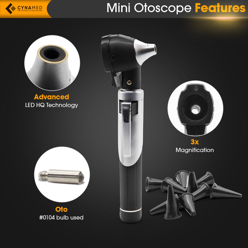 [Australia - AusPower] - Cynamed Mini Otoscope - Portable Ear Light and Exam Kit for Home and Professional Use - 4X Magnifying Fiber Optic Scope with Spare Tips, Bulb, and Carrying Case - Pocket Diagnostic Equipment (Black) Black 