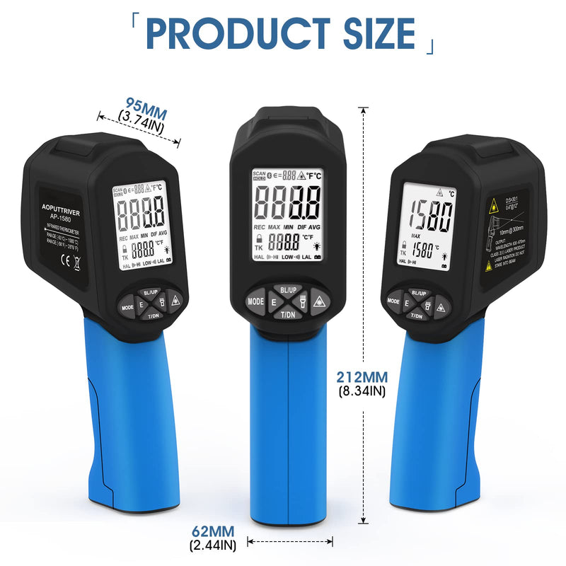 [Australia - AusPower] - AOPUTTRIVER AP-1580 Infrared Thermometer Temperature Range -58°F to 2876°F with DS 30:1 High Temperature Thermometer with Adjustable Emissivity Backlight for HVAC Pizza Ovens AP-1580(Blue) 