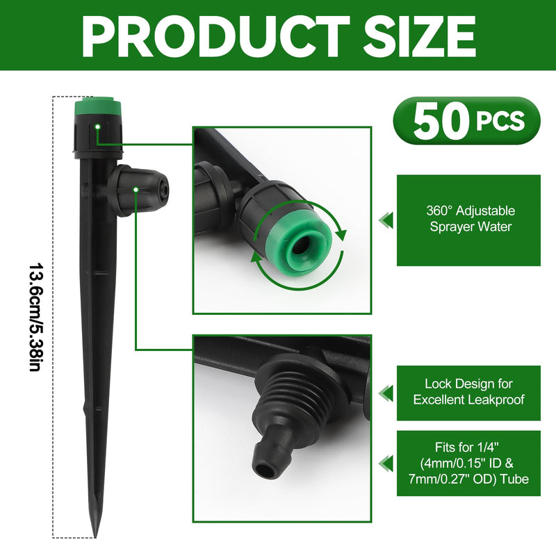 [Australia - AusPower] - 50PCS 1/4” Drip Irrigation Drippers with Lock, Kalolary Drip Irrigation Emitters for 4/7mm Tube, Adjustable 360 Degree Vortex Water Flow Sprayer Micro Spray Drip System Parts for Lawn Yard Pot (Green) Green Locked Sprayer 
