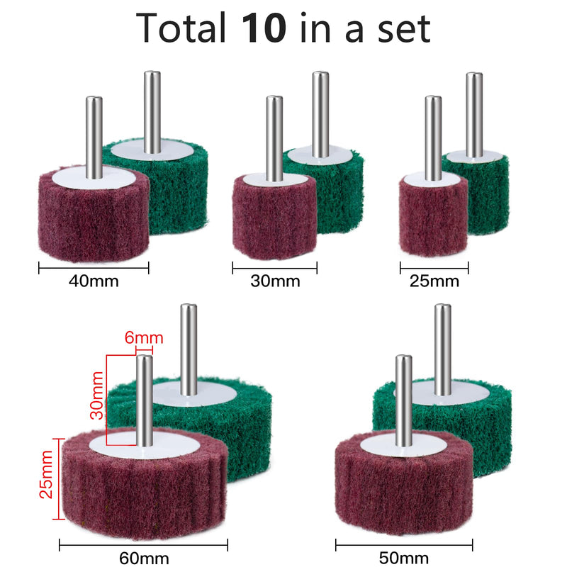 [Australia - AusPower] - FEIHU 10pcs Sanding Discs Assorted Sizes 60/50/40/30/25mm Sanding Mop Set Non-Woven Sanding Discs for Cleaning and Removing Paint Oxide Flap Sanders Shank Diameter 6mm 10 pieces 