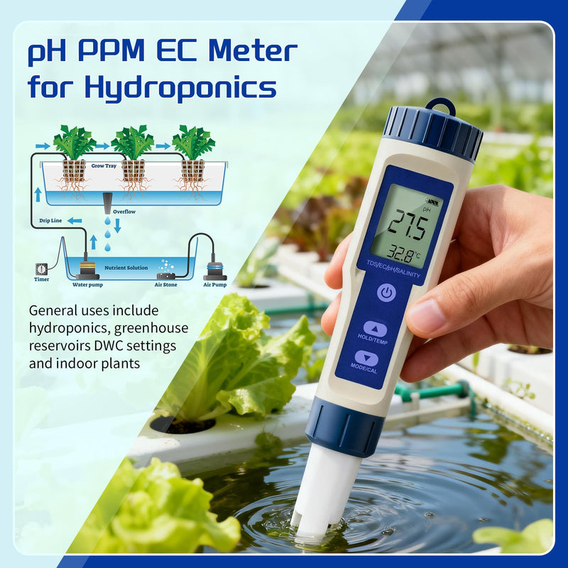 [Australia - AusPower] - ZuanXin Pool pH Meter, 5 in 1 Salinity Tester with PH/Salinity/TDS/EC/Temperature Function, TDS Tester for Drinking Water, Hot Tubs, and Spas bule 