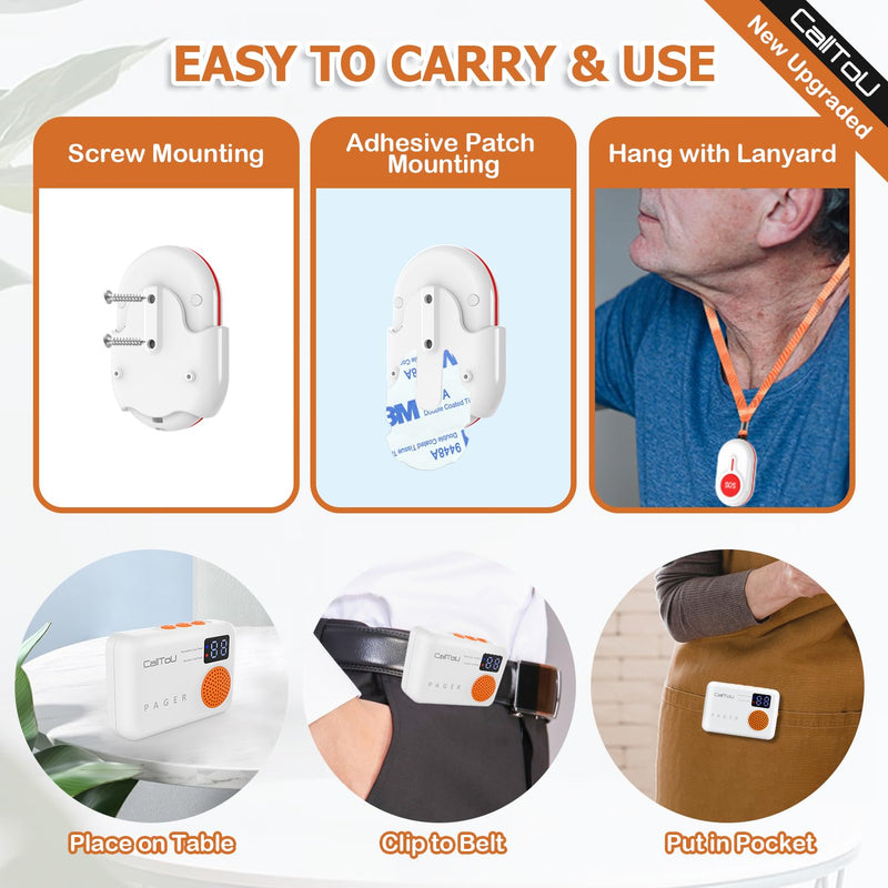 [Australia - AusPower] - CallToU Caregiver Pager Wireless Call Button 1000FT for Elderly Monitoring Vibration Call Bell Medical Alert System with Digital Display Low Power Reminder 2 Portable Receiver 2 SOS Call Button 2 Call Button + 2 Receiver 