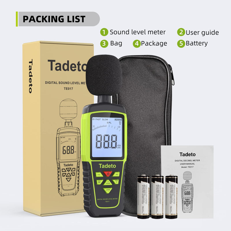 [Australia - AusPower] - Decibel Meter, Tadeto Digital Sound Level Meter Portable SPL Meter 30dB to 130dB(5 Measurement Range) Backlight LCD Display, MAX/MIN Noise Measurement, Audible and Visual Alarms,Data Hold, A/C Mode Green 
