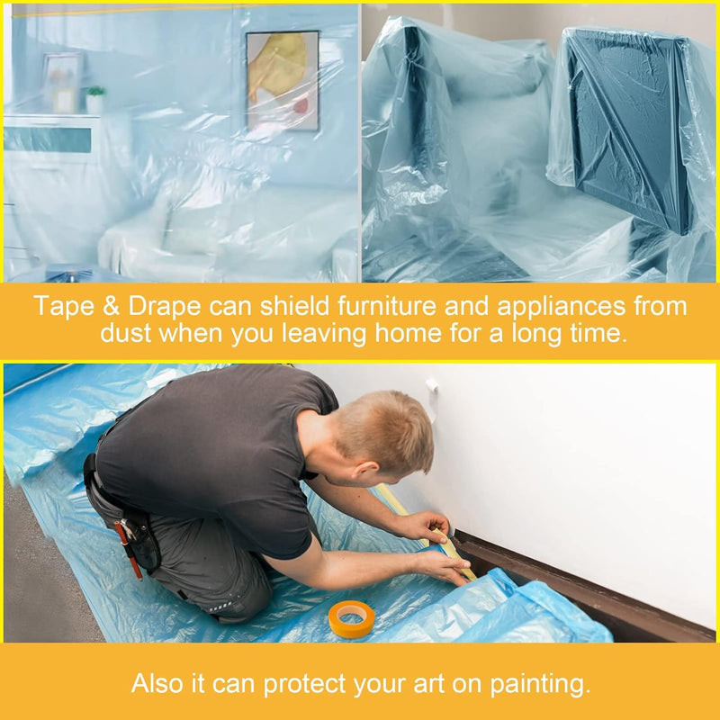Painters Plastic With Tape,Tape and Drape, Automotive Pre-Taped Masking Film | 3 Rolls | Self-Adhesive Painting Drop Film | Plastic Dust Sheets for Decorating, Cars Painting| 60 in x 65 feet