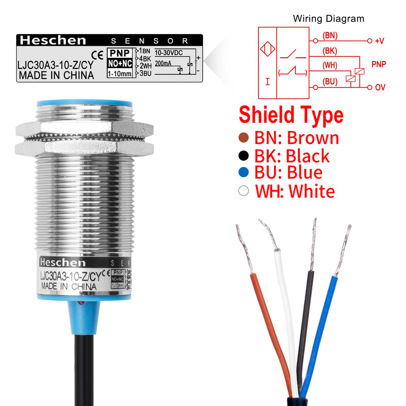 [Australia - AusPower] - Heschen M30 Capacitive Proximity Sensor Switch, Shield Type, LJC30A3-10-Z/CY, Detection 1-10mm, 10-30VDC 200mA, PNP NO+NC, 4 Wire 