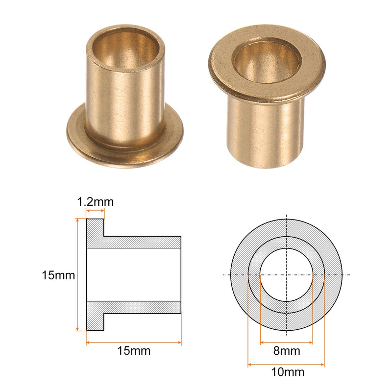 [Australia - AusPower] - 2pcs Flange Bearing Sleeve 8mm Bore 10mm OD 15mm Length 1.2mm Flange Thickness Bronze Bushing Self Lubricating Bushings Sleeve for Industrial Equipment 8mm x 10mm x 15mm 2 