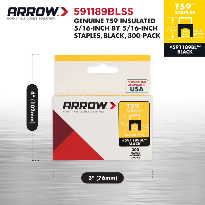 [Australia - AusPower] - Arrow 591189BLSS Genuine T59 Stainless Steel 5/16-Inch Leg Length by 5/16-Inch Crown Width Insulated Staples for Cable and Wiring, Black, 300 Count Hardware Staple 