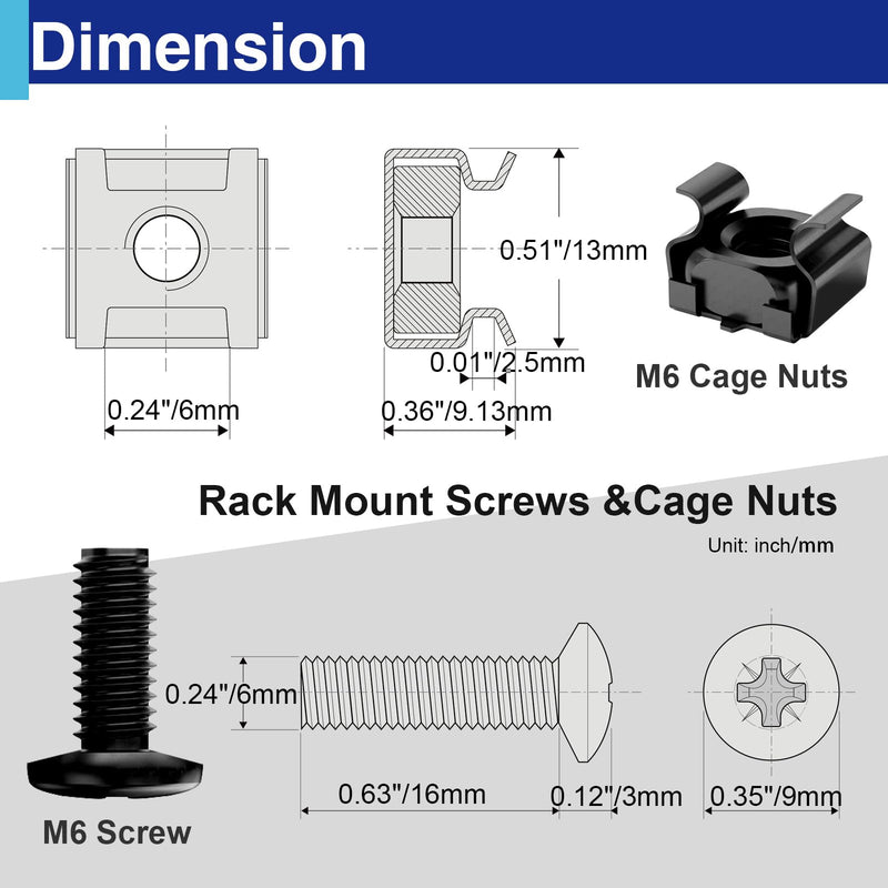 [Australia - AusPower] - 50 Pack M6 x 16mm Rack Mount Cage Nuts, Screws and Nylon Washers Stainless Steel Black Zinc Plating, Compatible with 19"/10" Server Racks, Cabinets, Routers, A/V and Network Enclosures 50Pack M6x16mm 