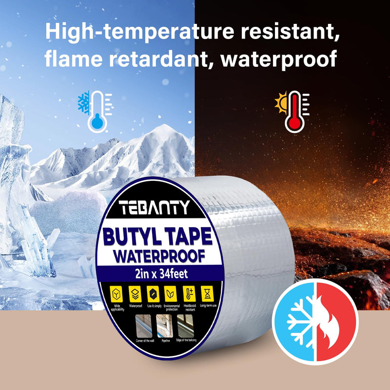 Butyl Tape Waterproof Sealing Tape 2Inch x 34Feet, Aluminum Foil Tape, Butyl Sealant Tape for Pipe Sealing, RV Repair, Window, EDPM Roof Leak Patching, Boat and Pipe Sealing 2 inch x 34 feet