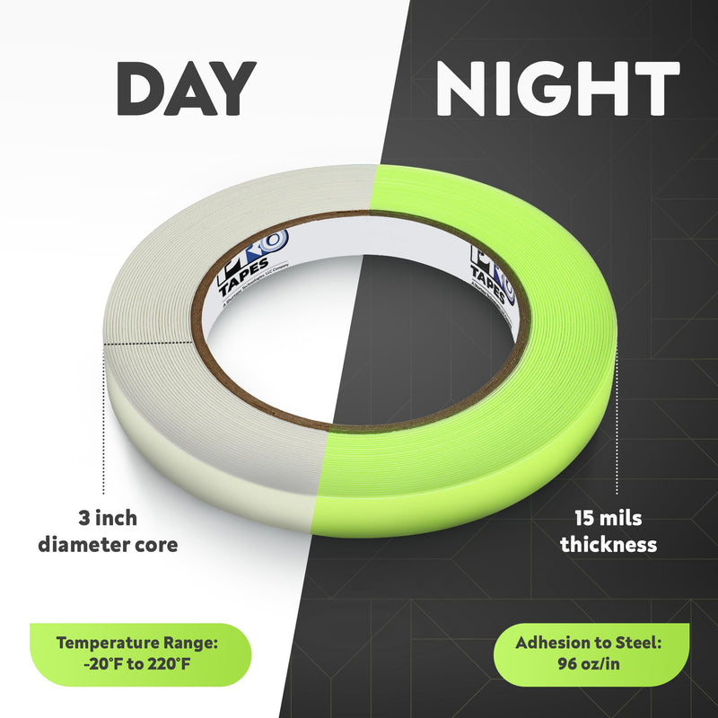 Pro Tapes PRO GLOW Glow in the Dark Vinyl Tape–Fluorescent Tape–Decorative and Safety Luminous Tapes–Best for Indoor Safety, Egress Markings, Signage, Theater–Water and Weather-Resistant–1/2”x10yds