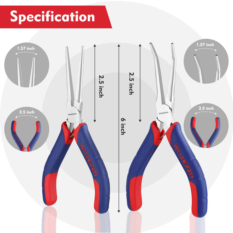 WORKPRO 2-Piece 6" Mini Needle Nose Pliers Set, Long Nose Pliers, Bent Nose Pliers with Comfort Grip Handles, For Wire Wrapping, Handmade Craft