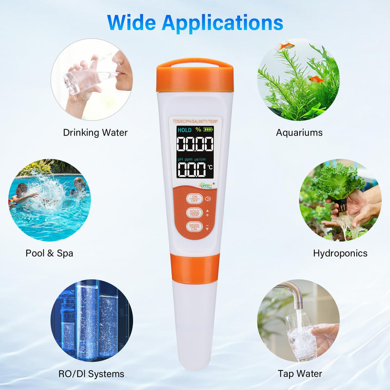 hygger Pool Salt Tester & PH Meter, 5-in-1 Digital Pool Water Tester, High Accuracy Salinity PH Temp EC and TDS Saltwater Pool Test Kit for Aquarium Swimming Pool Hot Tub and Swim Spas